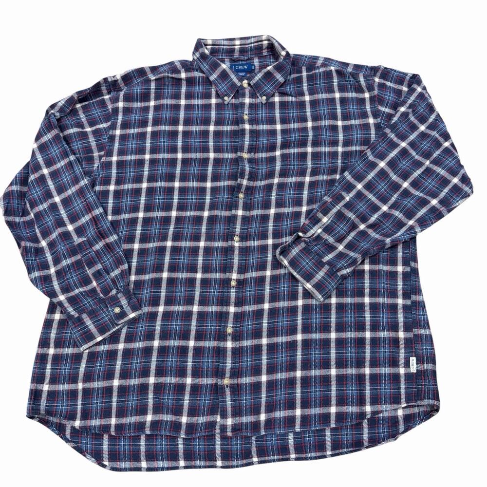 Vintage 90s J.Crew Men's Flannel Shirt XXL Blue Plaid Button Down Heavyweight